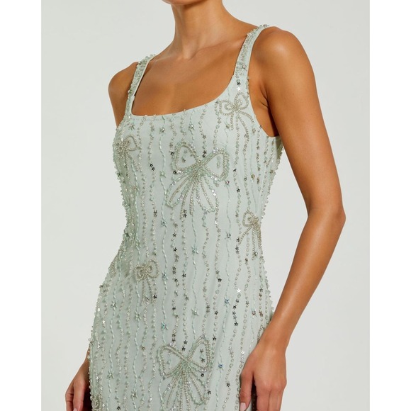 Mac Duggal NEW Seafoam Beaded Mesh Scoop Neck Fitted Gown With Bows $598 Size 10 - Picture 6 of 13